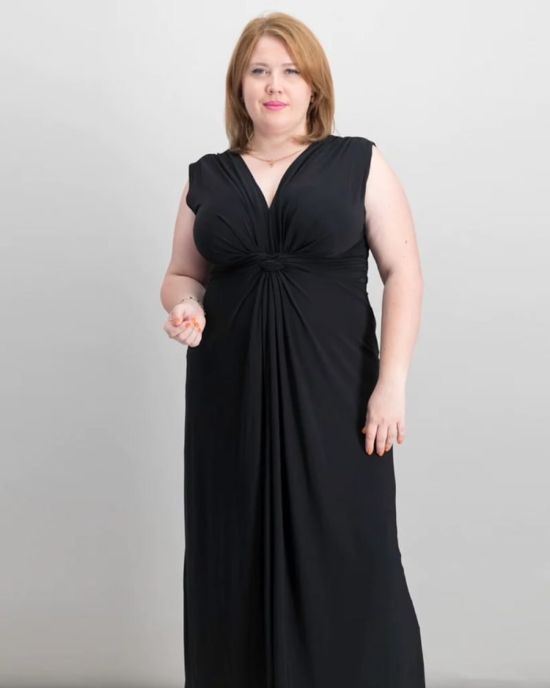 Front of a model wearing a size 1X Love Squared Women's Trendy Plus Sleeveless Knotted Maxi Dress Black Size 1X in Black by Love Squared. | dia_product_style_image_id:313359